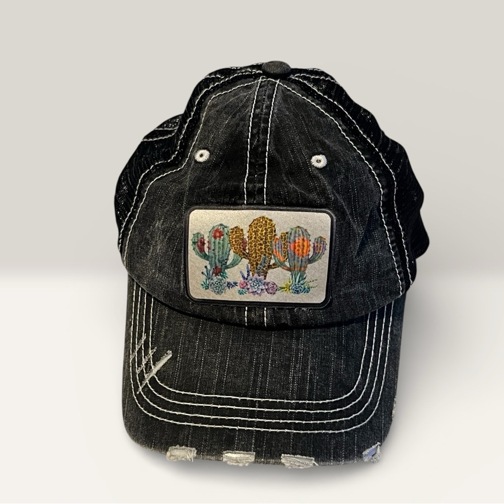 Western Distressed Cactus Embroidered Black Trucker Hat Cowgirl/Rodeo Vibes